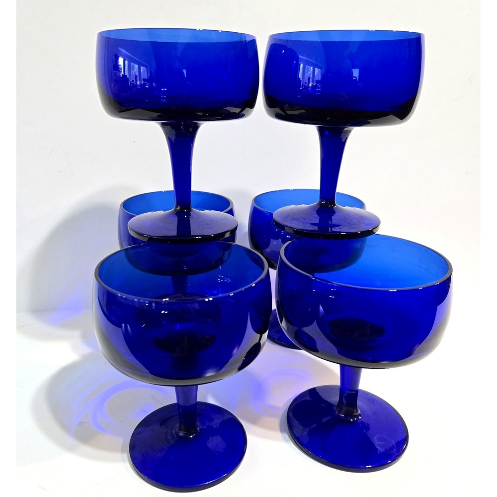 Set 6 Vtg Gorham Cobalt Blue Glasses Champagne / Tall Sherbet Hand blown 4 3/8"